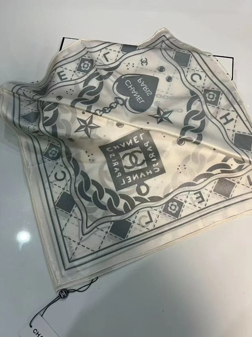 Chanel White CC Logo Silk Scarf 90cm - Picture 2 of 6